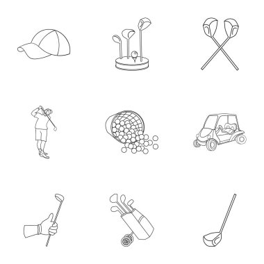 Golf Kulübü set simgeleri anahat stilinde. Golf kulübü vektör simge stok çizim büyük toplama