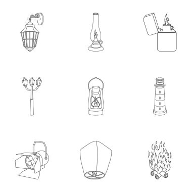 Işık kaynağı simgeleri anahat stilinde ayarlayın. Işık kaynağının vektör simge stok çizim büyük toplama