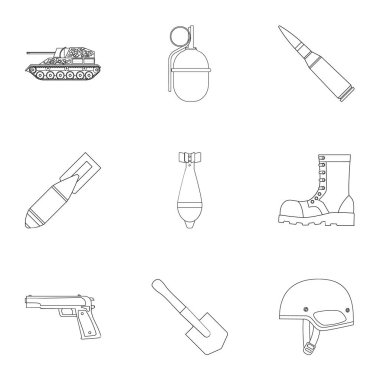 Askeri ve ordu simgeleri anahat stilinde ayarlayın. Askeri büyük toplama ve ordu sembol stok illüstrasyon vektör