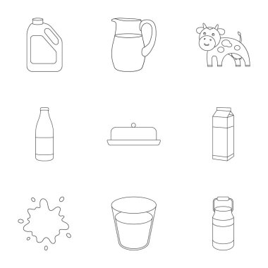 Süt simgeleri anahat stilinde ayarlayın. Süt vektör simge stok çizim büyük toplama