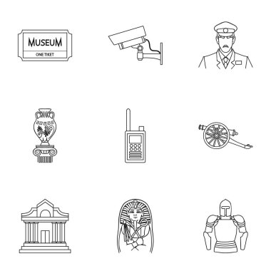 Müze simgeleri anahat stilinde ayarlayın. Müze vektör simge stok çizim büyük toplama