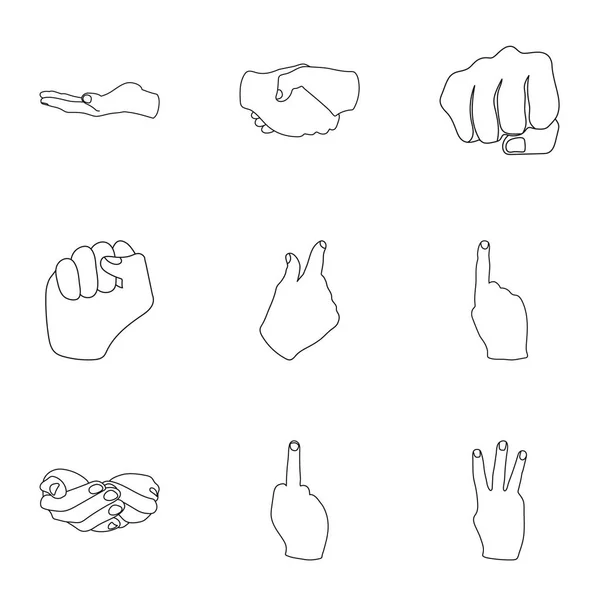 Los gestos de la mano establecen iconos en estilo de contorno. Gran colección de gestos de mano vector símbolo stock ilustración — Vector de stock