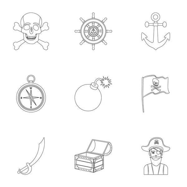 Piraci zestaw ikon w stylu konspektu. Duży zbiór Piraci wektor symbol ilustracji — Wektor stockowy
