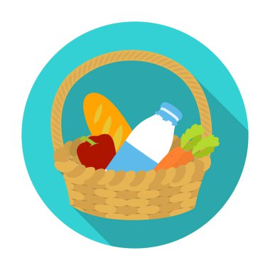 Düz stil beyaz arka plan üzerinde izole ürünler simgesinde sepetle. Yardım ve bağış sembol stok vektör çizim.