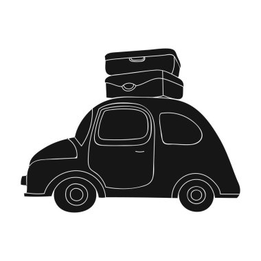 Siyah stil beyaz arka plan üzerinde izole çatı simgesini Bagajlı araba kırmızı. Aile tatili sembol stok vektör çizim.