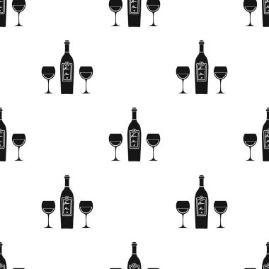 Gözlük simgesi Siyah tarzında beyaz arka plan üzerinde izole kırmızı şarap bir şişe. Restoran desen hisse senedi vektör çizim.