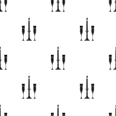 Şampanya simge siyah stil beyaz arka plan üzerinde izole gözlükle arasında mum. Restoran desen hisse senedi vektör çizim.