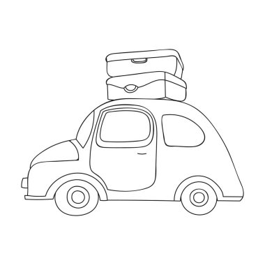 Beyaz arka plan üzerinde izole anahat tarzı çatı simgesine Bagajlı araba kırmızı. Aile tatili sembol stok vektör çizim.