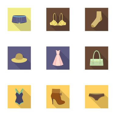 Giysi içinde düz stil Icons set. Giysi büyük koleksiyonu sembol stok illüstrasyon vektör