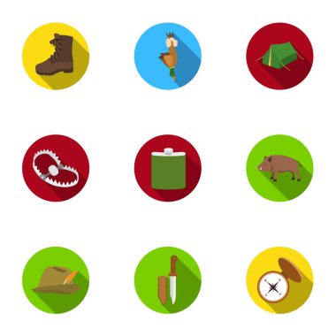 Avcılık simgeler düz stil ayarlayın. Vektör simge stok illüstrasyon avcılık big toplama