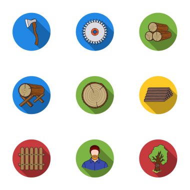 Sawmil ve kereste simgeler düz stil ayarlayın. Kereste ve ahşap vektör simge stok illüstrasyon büyük toplama