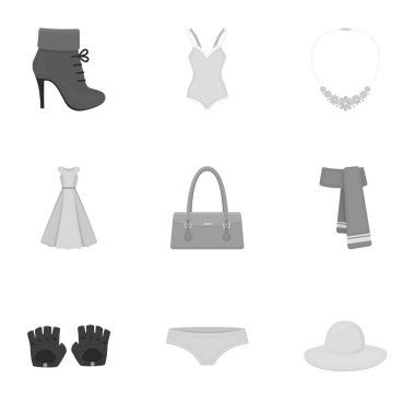 Giysi, tek renkli bir tarzda Icons set. Giysi büyük koleksiyonu sembol stok illüstrasyon vektör