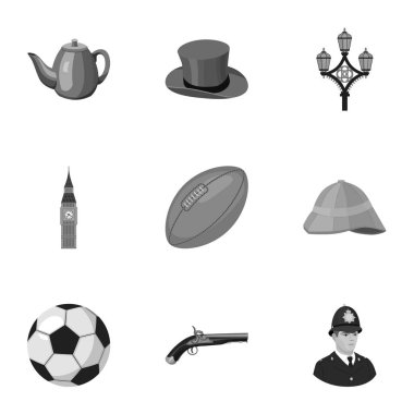 İngiltere'de ülke tek renkli bir tarzda Icons set. İngiltere'de ülke vektör simge stok çizim büyük toplama