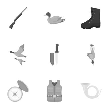 Avcılık, tek renkli bir tarzda Icons set. Vektör simge stok illüstrasyon avcılık big toplama