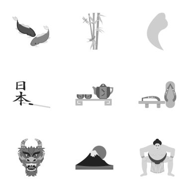 Japonya, tek renkli bir tarzda Icons set. Japonya vektör simge stok çizim büyük toplama