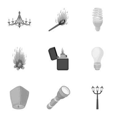 Işık kaynağı simgeleri tek renkli bir tarzda ayarlayın. Işık kaynağının vektör simge stok çizim büyük toplama