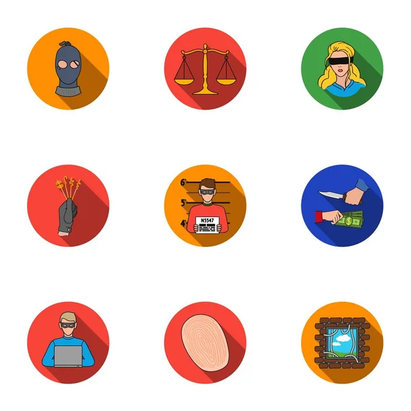 Suç simgeler düz stil ayarlayın. Suç vektör simge stok çizim büyük toplama