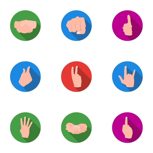 Les gestes de la main placent les icônes dans un style plat. Grande collection de gestes de main symbole vectoriel illustration de stock — Image vectorielle