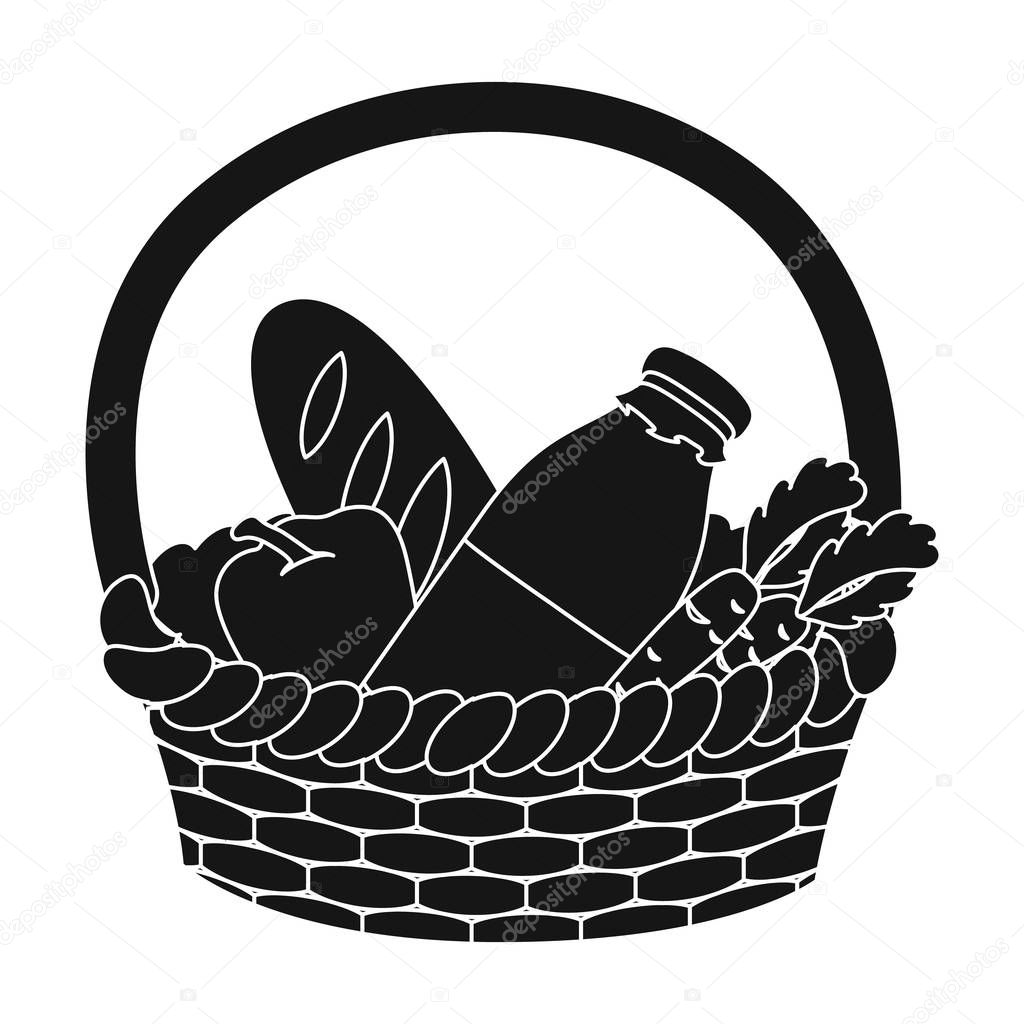 Basket with products icon in black design isolated on white background. Charity and donation symbol stock vector illustration.