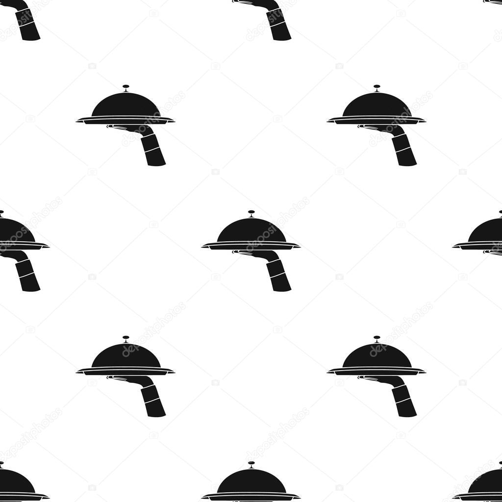 Waiter s hand holding a tray with cloche icon in black style on white background. Restaurant pattern vector illustration.