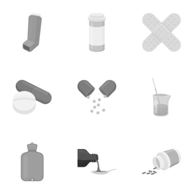 İlaç ve hastane simgeleri tek renkli bir tarzda ayarlayın. İlaç ve hastane vektör simge stok illüstrasyon büyük toplama