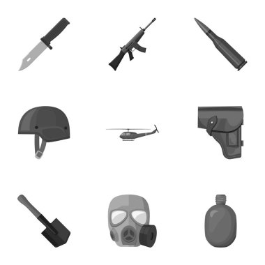 Askeri ve ordu simgeleri tek renkli bir tarzda ayarlayın. Askeri büyük toplama ve ordu sembol stok illüstrasyon vektör