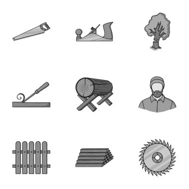 Sawmil ve kereste simgeleri tek renkli bir tarzda ayarlayın. Kereste ve ahşap vektör simge stok illüstrasyon büyük toplama