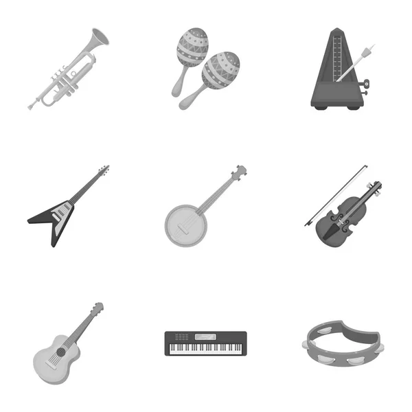 Музыкальные инструменты устанавливают иконы в монохромном стиле. Большая коллекция векторных символов музыкальных инструментов — стоковый вектор