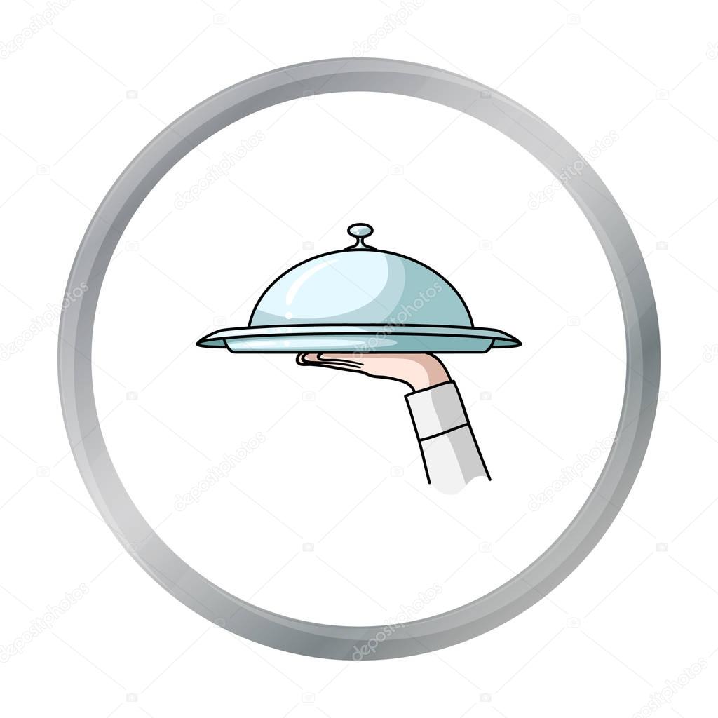 Waiters hand holding a tray with cloche icon in cartoon style isolated on white background. Restaurant symbol vector illustration. - stock vector