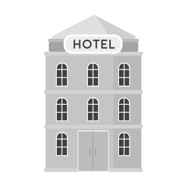 Otel tek renkli stil beyaz arka plan üzerinde izole simgesinde binası. Dinlenmek ve sembol stok vektör çizim seyahat.