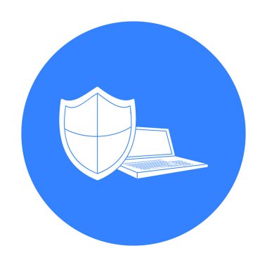 Beyaz arka plan üzerinde izole anahat tarzı dizüstü bilgisayar simgesinin veri güvenliği. Bilgisayar korsanları ve sembol stok kesmek illüstrasyon vektör.