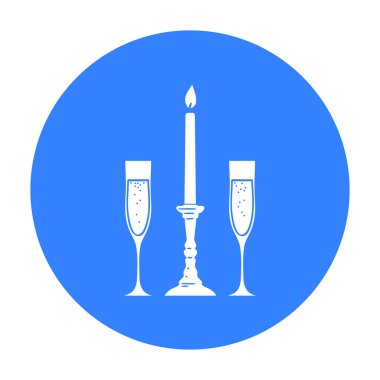 Şampanya simge siyah stil beyaz arka plan üzerinde izole gözlükle arasında mum. Restoran sembol stok vektör çizim.