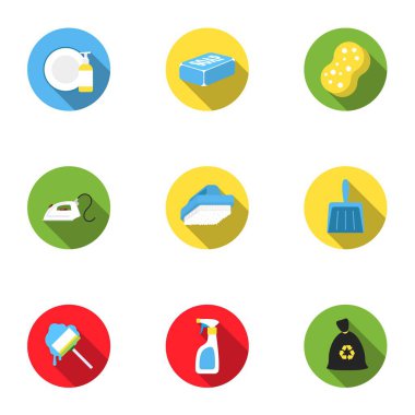 Düz Stil kümesi simgeleri temizleme. Vektör simge stok illüstrasyon temizlik büyük koleksiyonu