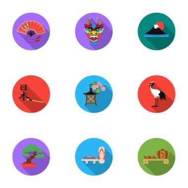 Japonya simgeler düz stil ayarlayın. Japonya vektör simge stok çizim büyük toplama