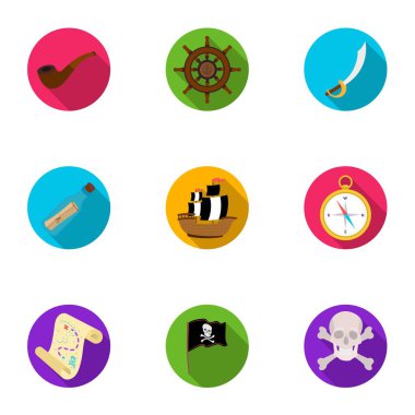 Korsanlar simgeler düz stil ayarlayın. Korsanlar büyük toplama sembol stok illüstrasyon vektör