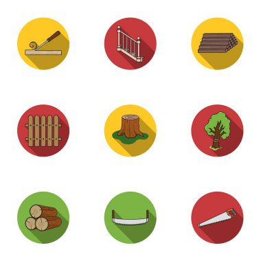 Sawmil ve kereste simgeler düz stil ayarlayın. Kereste ve ahşap vektör simge stok illüstrasyon büyük toplama