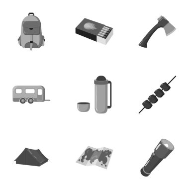 Tek renkli stil kamp set simgeler. Büyük toplama kamp vektör simge stok çizim