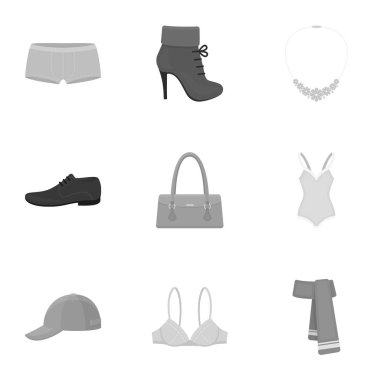 Giysi, tek renkli bir tarzda Icons set. Giysi büyük koleksiyonu sembol stok illüstrasyon vektör