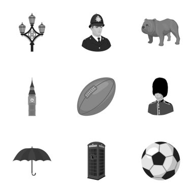 İngiltere'de ülke tek renkli bir tarzda Icons set. İngiltere'de ülke vektör simge stok çizim büyük toplama