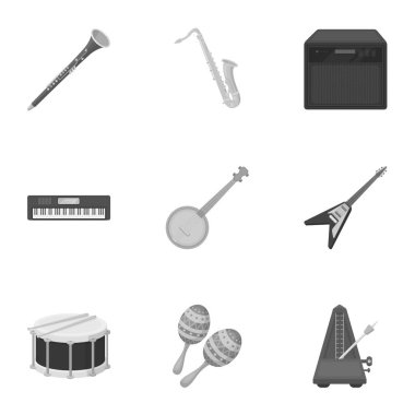 Müzik aletleri, tek renkli bir tarzda Icons set. Büyük müzik aletleri koleksiyonu sembol stok illüstrasyon vektör