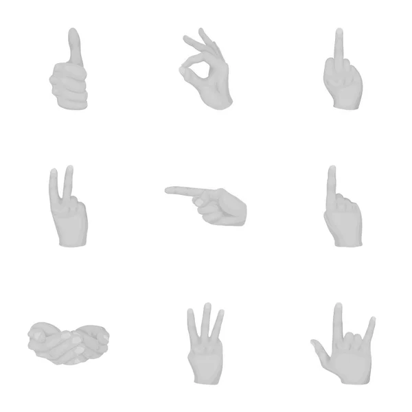 I gesti della mano impostano le icone in stile monocromatico. Grande collezione di gesti mano vettoriale simbolo stock illustrazione — Vettoriale Stock
