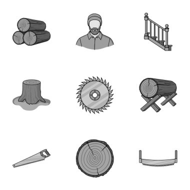 Sawmil ve kereste simgeleri tek renkli bir tarzda ayarlayın. Kereste ve ahşap vektör simge stok illüstrasyon büyük toplama