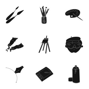 Sanatçı ve çizim set simgeler siyah stil. Sanatçı ve vektör simge stok çizim çizim büyük koleksiyonu