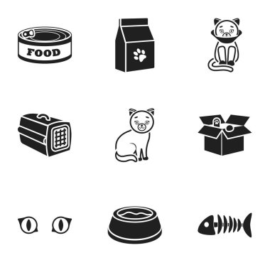 Kedi donanımları simgeler siyah tarzında ayarlayın. Büyük kedi donanımları vektör simge stok illüstrasyon topluluğu