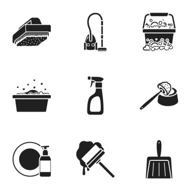 Siyah stil kümesi simgeleri temizleme. Vektör simge stok illüstrasyon temizlik büyük koleksiyonu