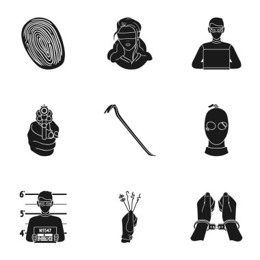 Suç simgeler siyah tarzında ayarlayın. Suç vektör simge stok çizim büyük toplama