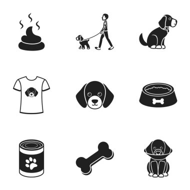 Köpek ekipman simgeler siyah tarzında ayarlayın. Büyük koleksiyon köpek ekipman vektör simge stok çizim