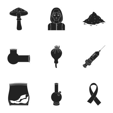 Uyuşturucu simgeler siyah tarzında ayarlayın. İlaçların büyük koleksiyonu sembol stok illüstrasyon vektör