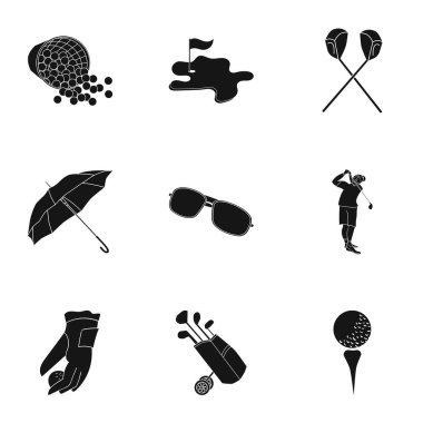 Golf Kulübü simgeler siyah tarzında ayarlayın. Golf kulübü vektör simge stok çizim büyük toplama