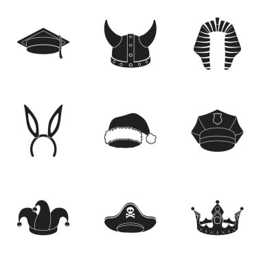 Şapka siyah tarzında Icons set. Büyük şapka koleksiyonu sembol stok illüstrasyon vektör